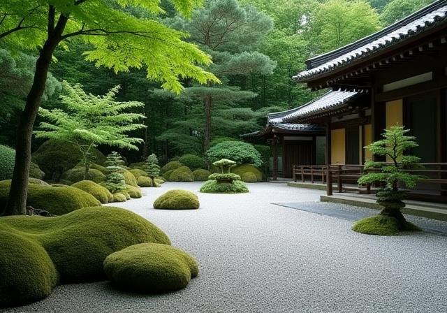 京都の静かな寺の庭園風景